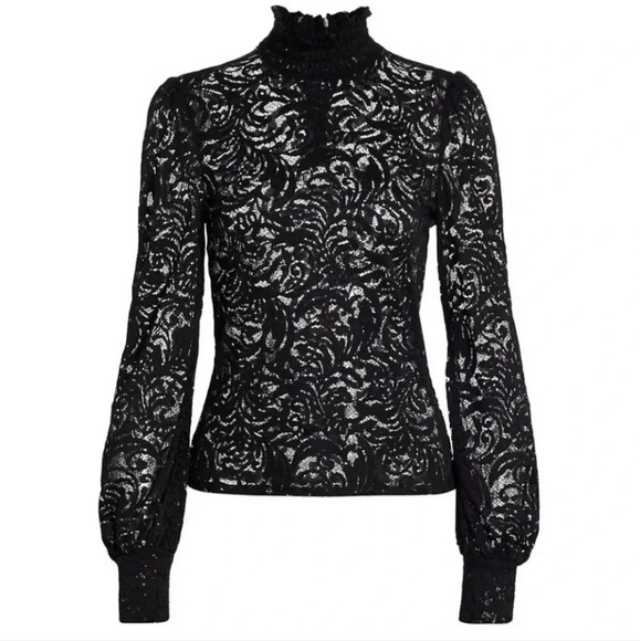 L'Agence Samara Black Sheer Lace Long Sleeve Bell Sleeve Turtleneck Top XS - Picture 2 of 16